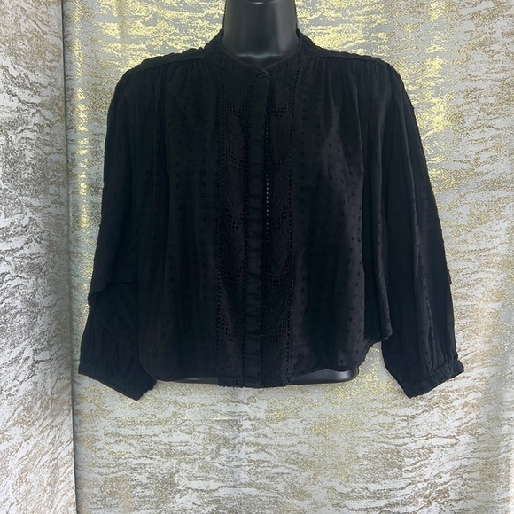 Zara Black Cropped Embroidered Swiss Dot 3/4 Sleeve Blouse Size L - Picture 7 of 17